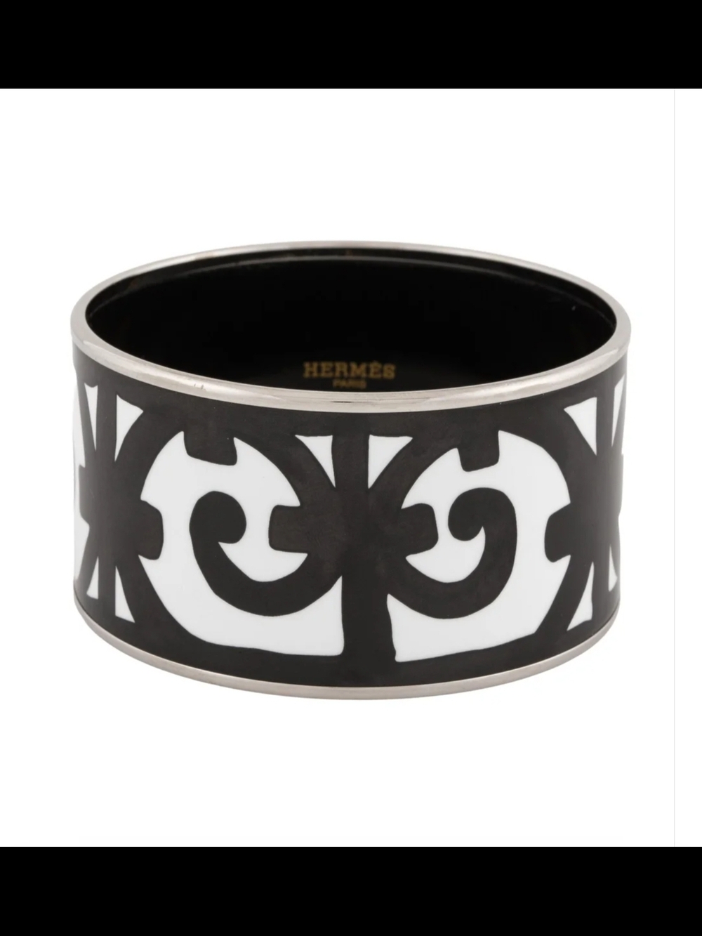 Hermes Balcons Black and White Patterned Enamel Wide Bangle